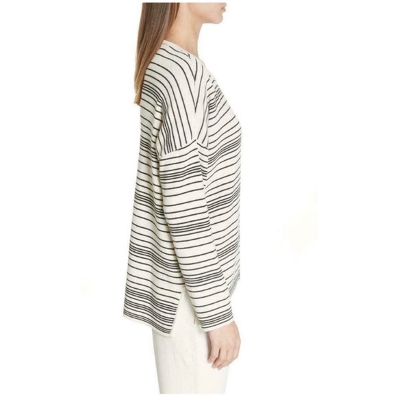 Eileen Fisher Boxy Fit Oversized 100% Organic Cotton Striped Sweater Ivory Black - Picture 7 of 16
